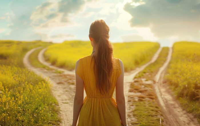 A woman in front of two roads.