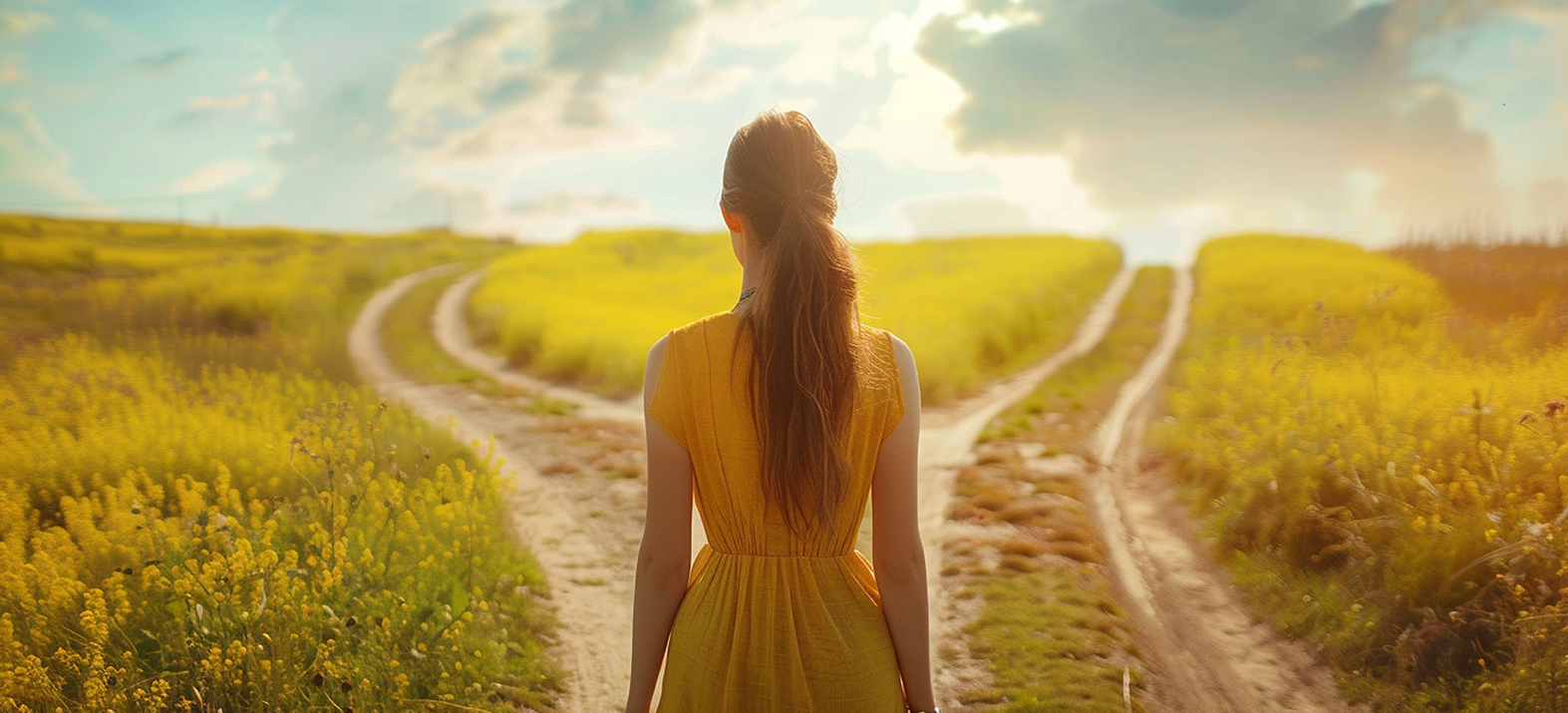 A woman in front of two roads.